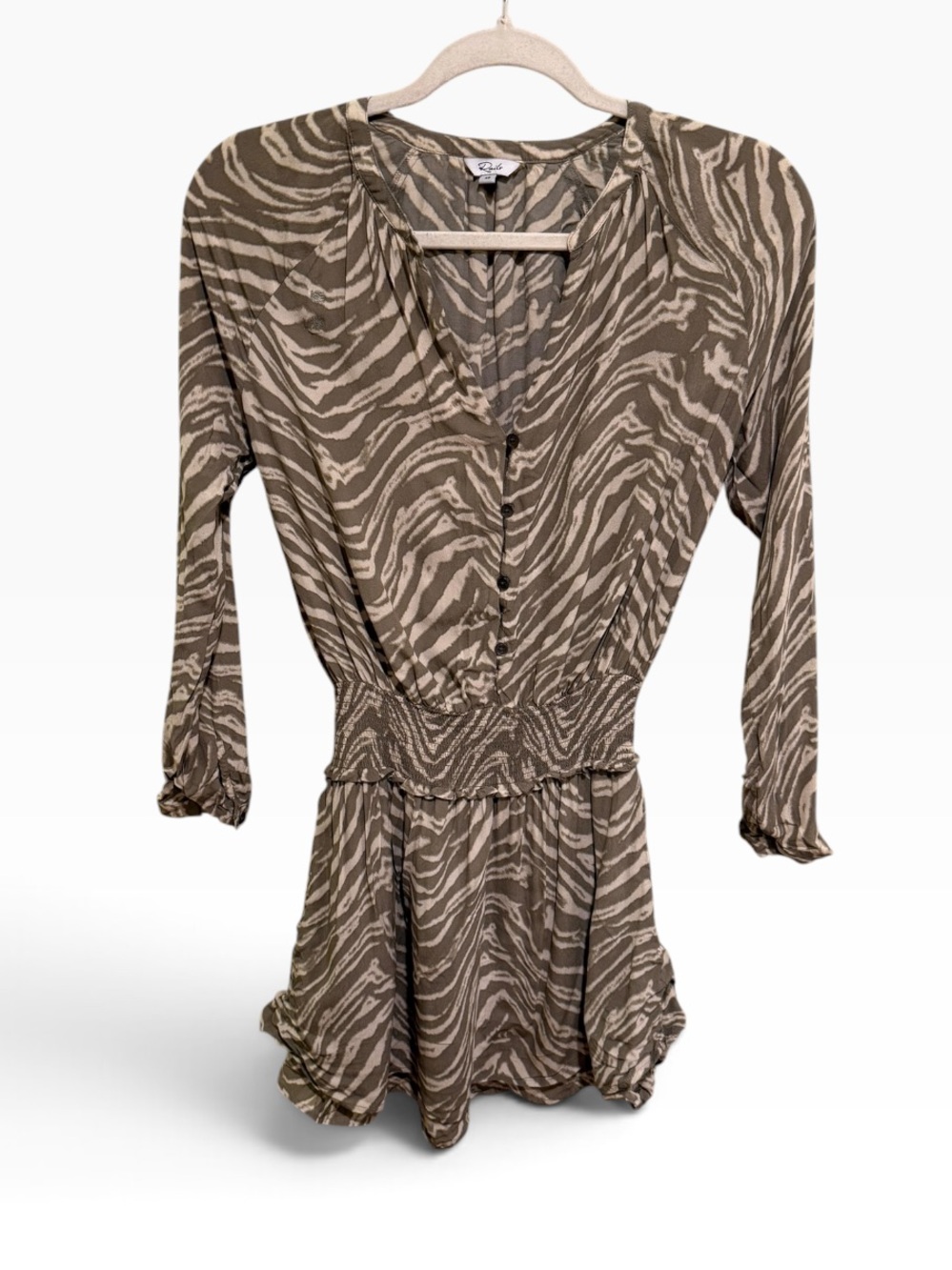 Rails Olive Cream Zebra Print Smocked Waist Blouse Top Sz XS